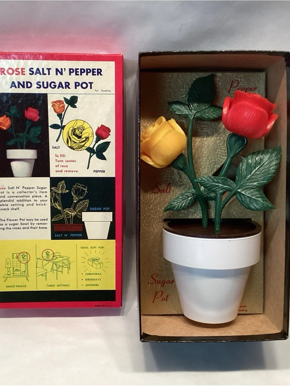 Vintage Rose Salt N Pepper And Sugar Pot Unused With Box 1950’s Plastic Novelty